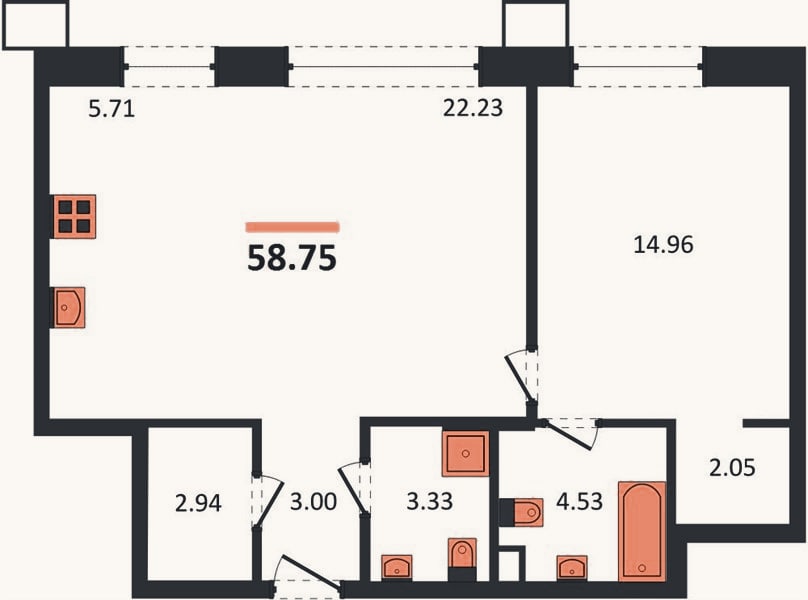 Планировка: 1-к, 58,8 м²