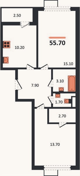 Планировка: 2-к, 55,7 м²