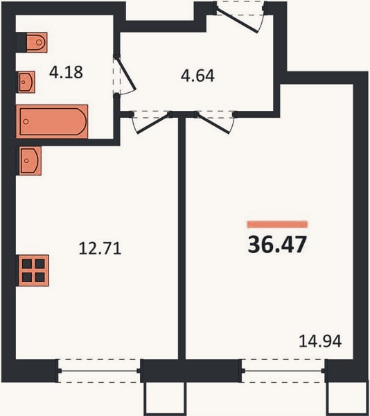 Планировка: 1-к, 36,5 м²