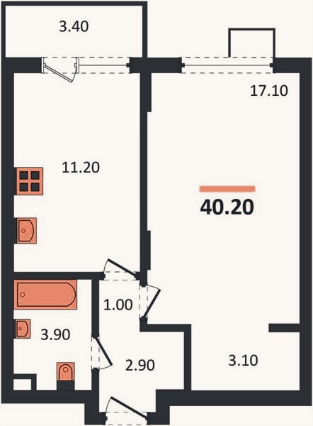 Планировка: 1-к, 40,2 м²
