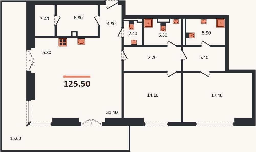 Планировка: 2-к, 125,5 м²