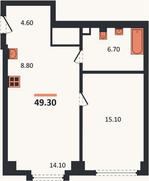Планировка: 1-к, 49,3 м²