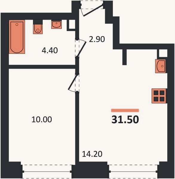 Планировка: 1-к, 31,5 м²