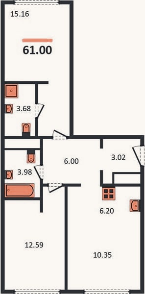 Планировка: 2-к, 61 м²