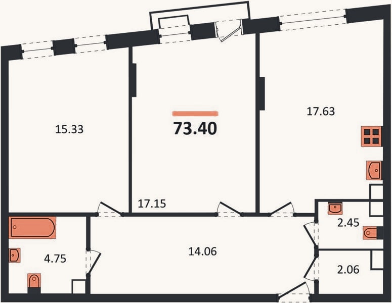 Планировка: 2-к, 73,4 м²
