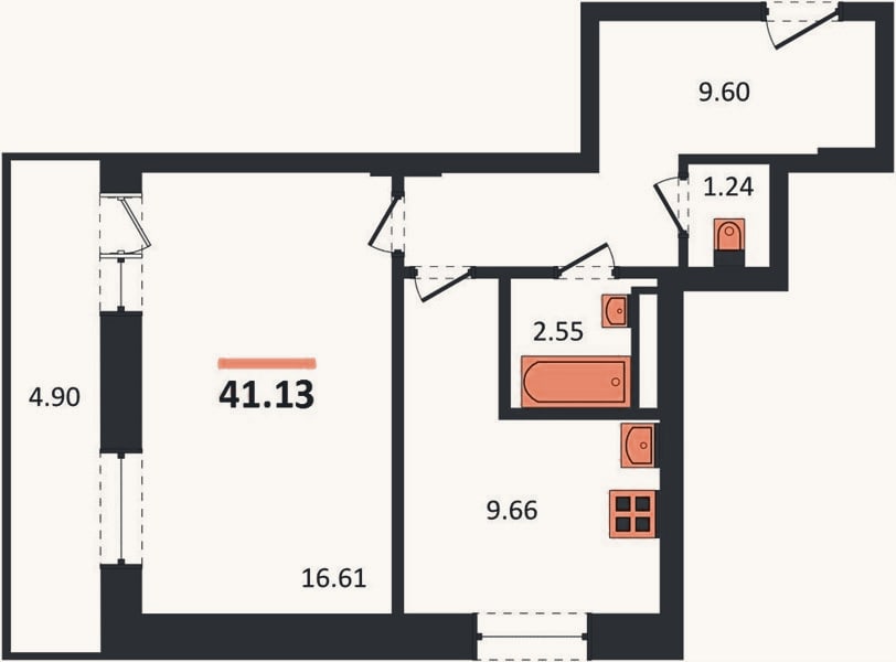 Планировка: 1-к, 39,7 м²