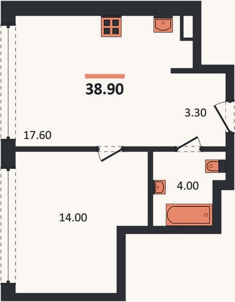 Планировка: 1-к, 39,2 м²