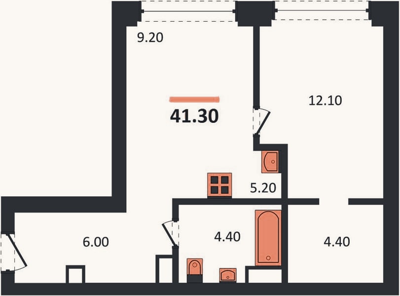 Планировка: 1-к, 41,7 м²