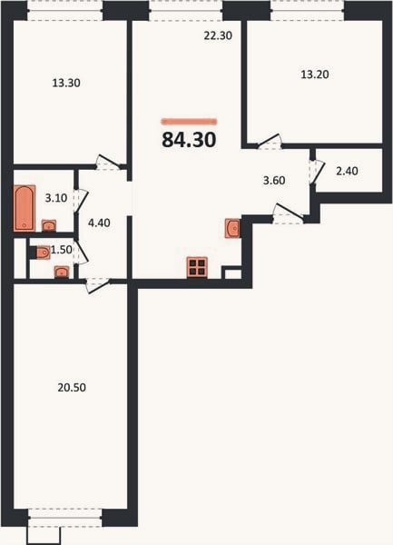Планировка: 3-к, 84,3 м²