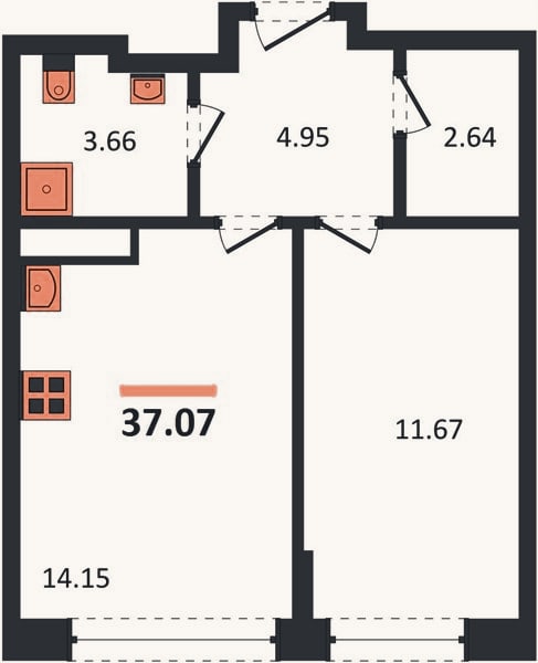 Планировка: 1-к, 37,1 м²