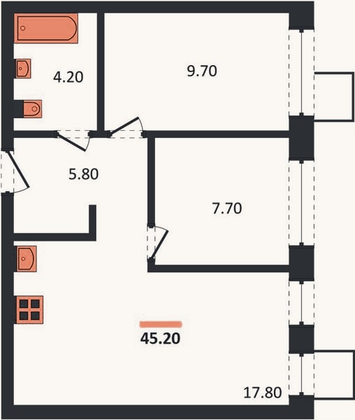 Планировка: 2-к, 45,2 м²