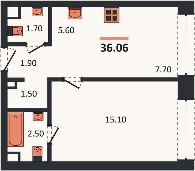 Планировка: 1-к, 36,1 м²