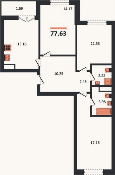 Планировка: 3-к, 77,6 м²