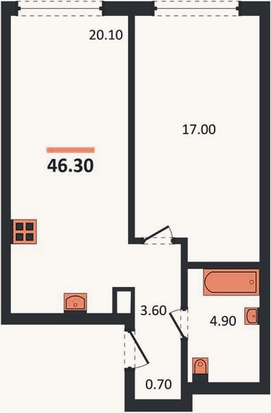 Планировка: 1-к, 46,9 м²