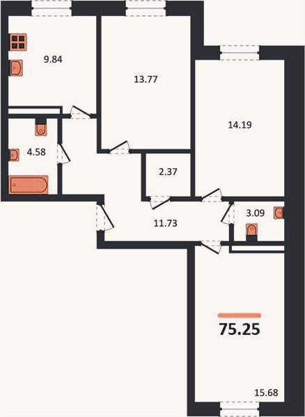 Планировка: 3-к, 75,3 м²