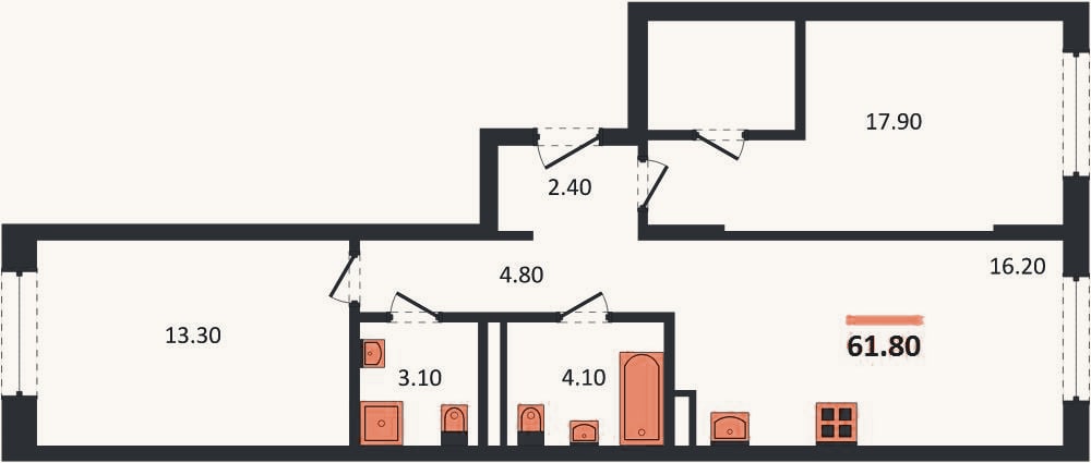 Планировка: 2-к, 61,8 м²