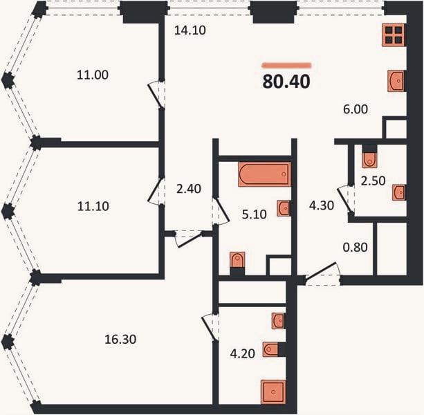 Планировка: 3-к, 80,4 м²