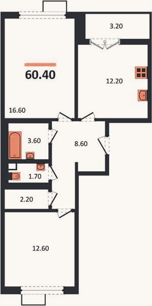 Планировка: 2-к, 60,4 м²