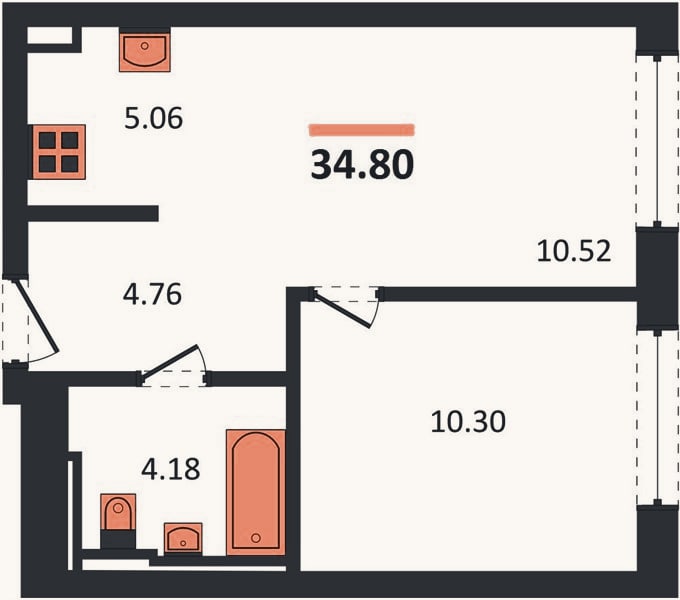 Планировка: 1-к, 34,8 м²