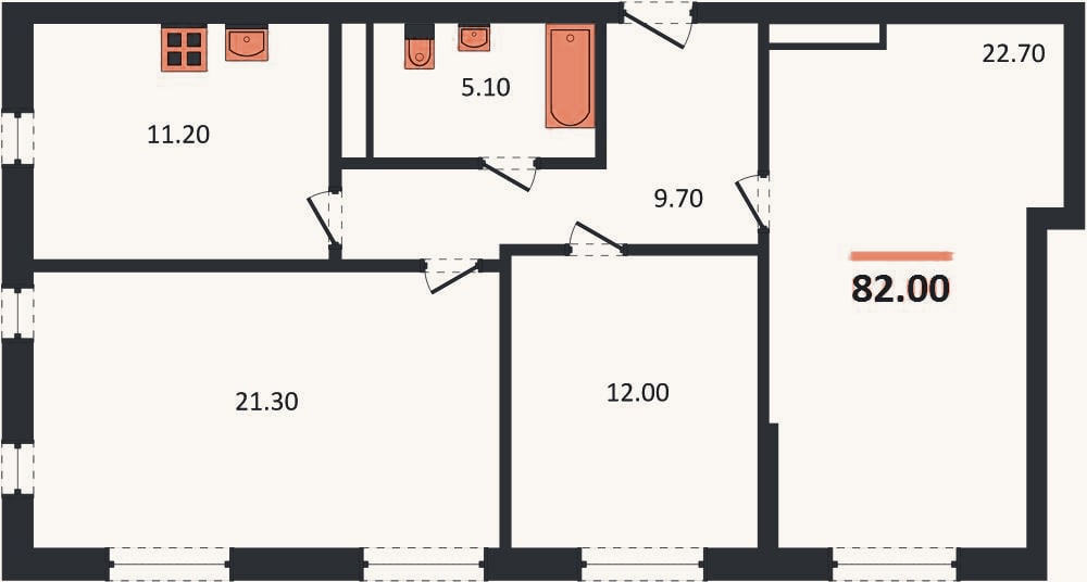 Планировка: 3-к, 82 м²