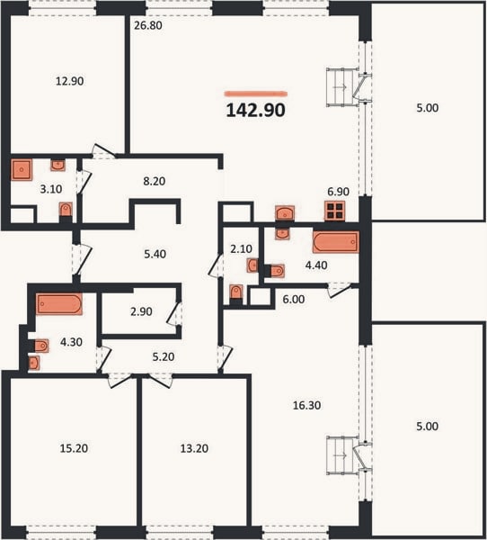 Планировка: 4+ к, 142,9 м²