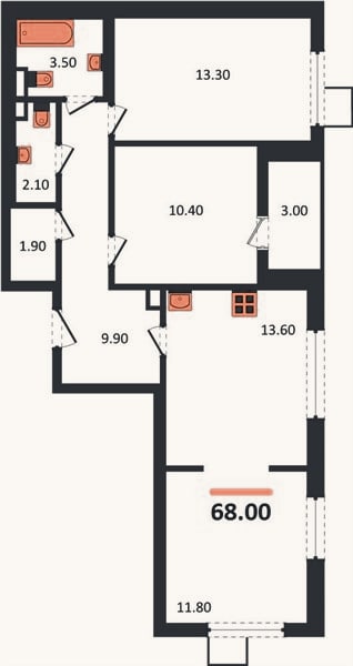 Планировка: 3-к, 68 м²
