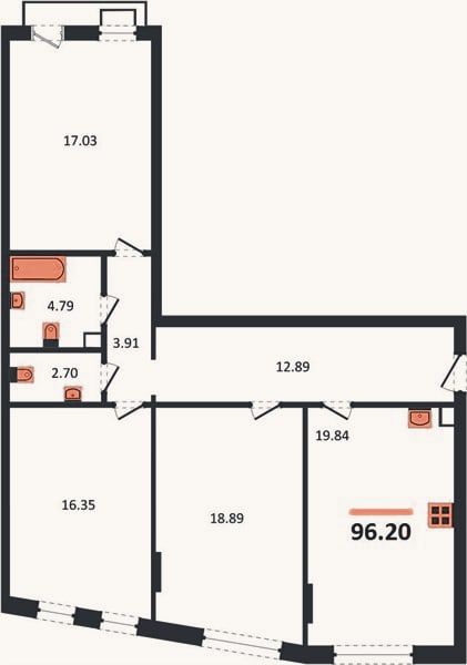 Планировка: 3-к, 96,2 м²