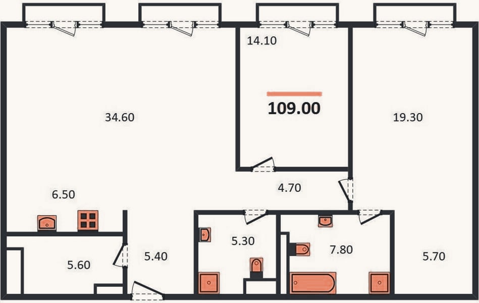 Планировка: 2-к, 109 м²