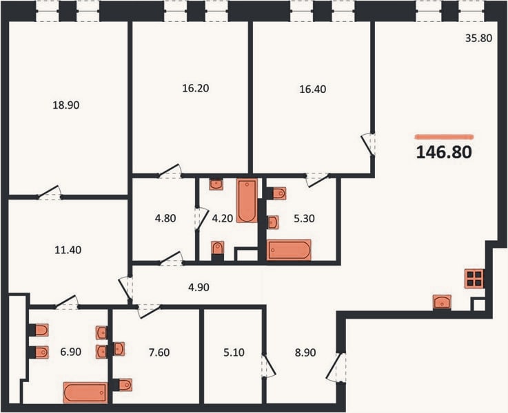Планировка: 3-к, 146,8 м²