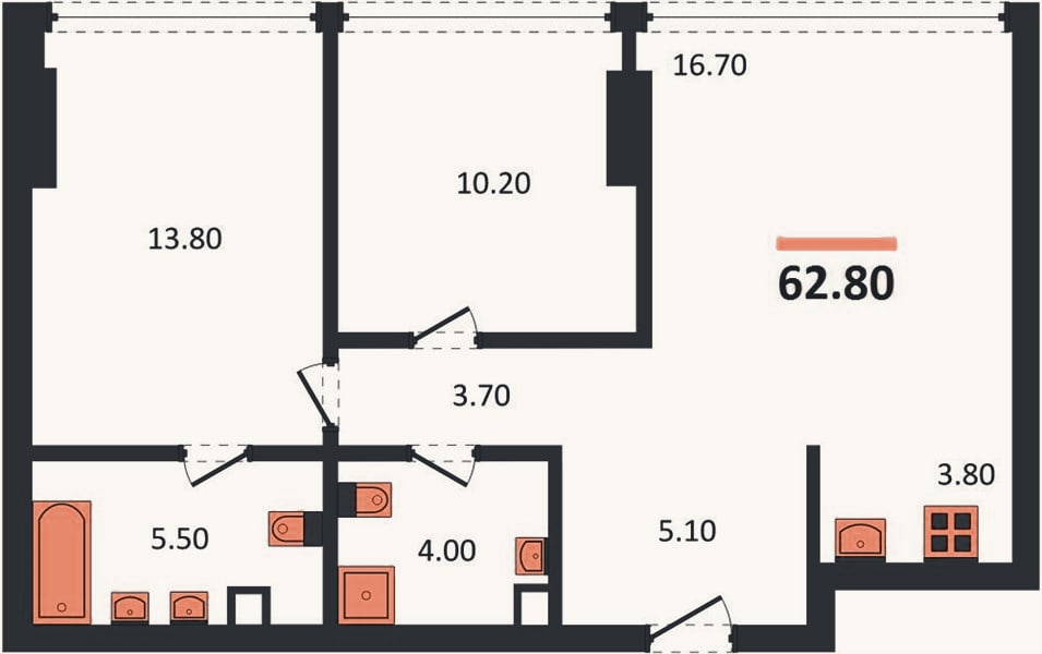 Планировка: 2-к, 62,8 м²
