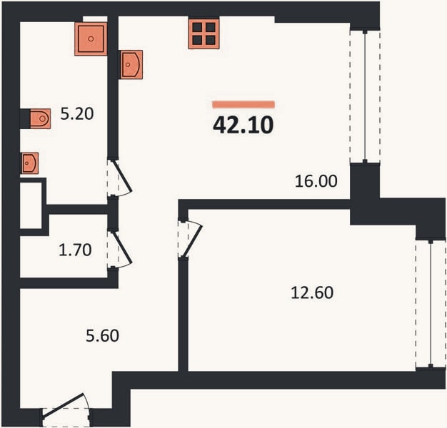 Планировка: 1-к, 42,1 м²