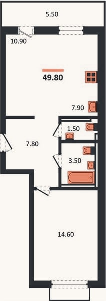 Планировка: 1-к, 49,8 м²