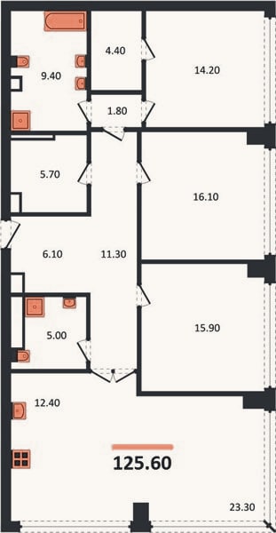 Планировка: 3-к, 125,6 м²
