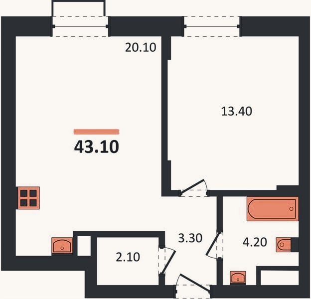 Планировка: 1-к, 43,1 м²