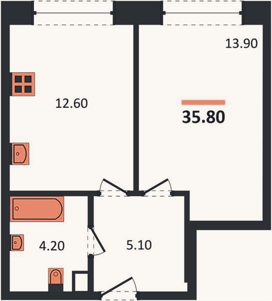 Планировка: 1-к, 35,8 м²