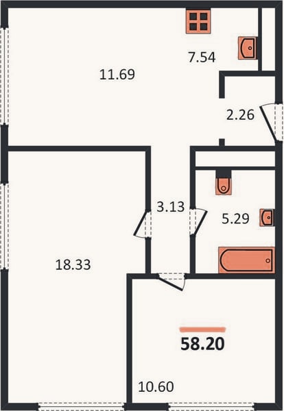 Планировка: 2-к, 58,2 м²