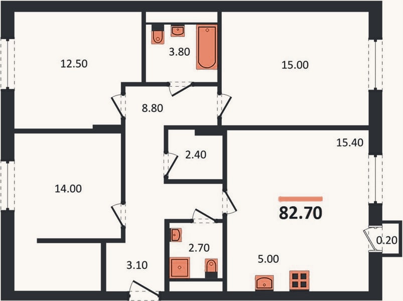Планировка: 3-к, 82,7 м²