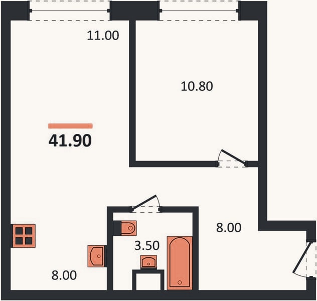 Планировка: 1-к, 41,9 м²