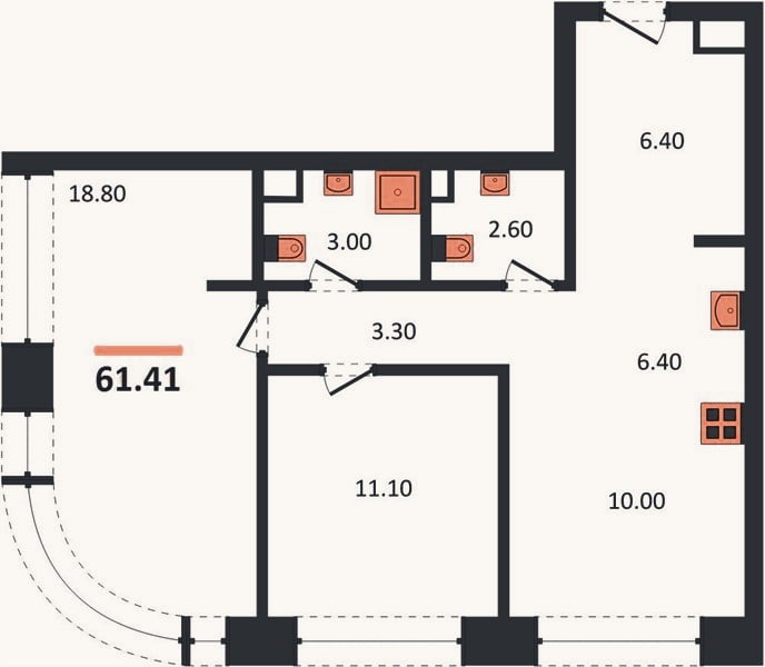 Планировка: 2-к, 61,4 м²