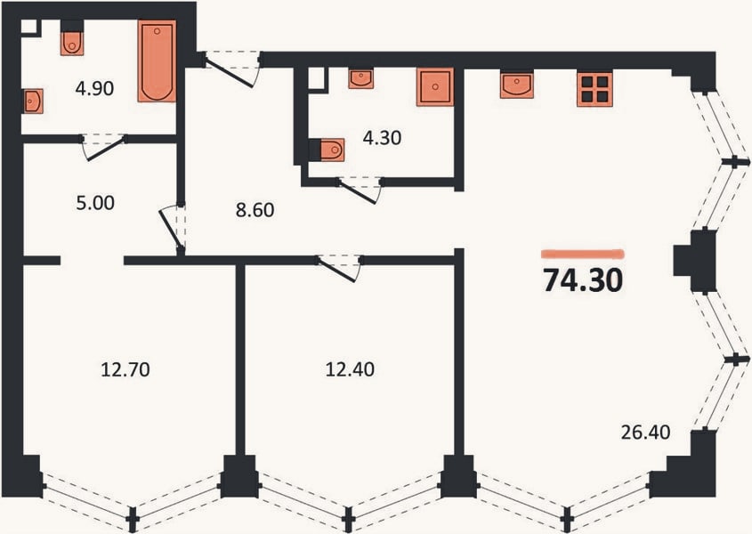 Планировка: 2-к, 74,3 м²