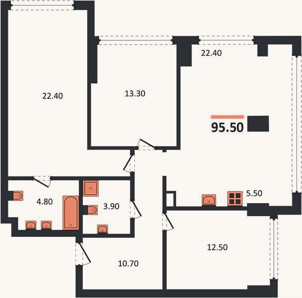 Планировка: 3-к, 95,5 м²