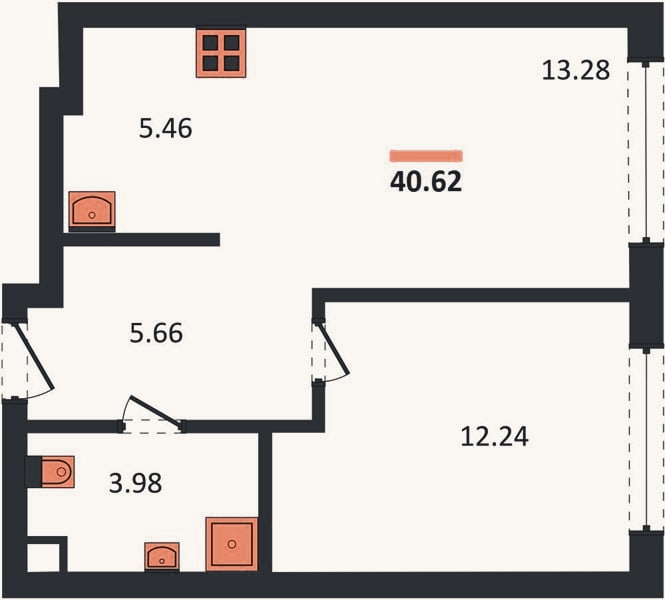 Планировка: 1-к, 40,6 м²