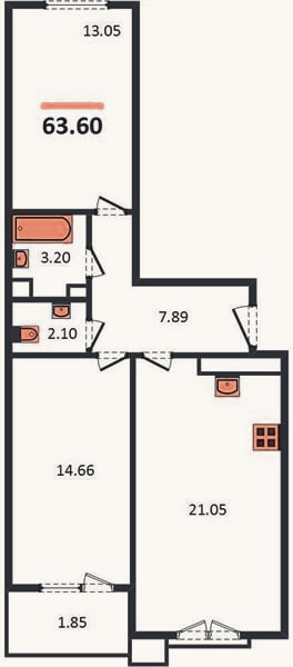 Планировка: 2-к, 63,6 м²
