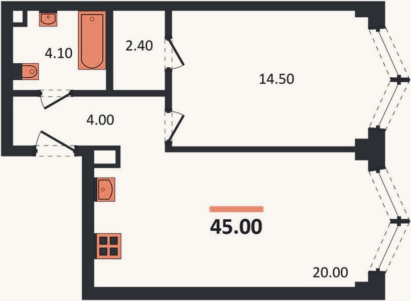 Планировка: 1-к, 45 м²