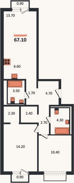 Планировка: 2-к, 67,1 м²