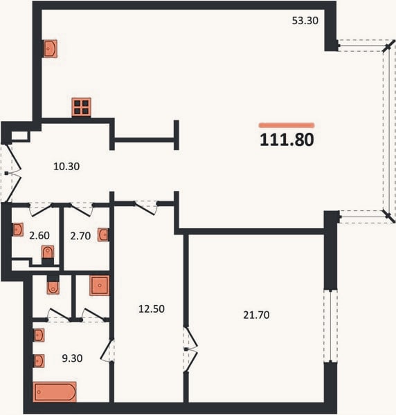 Планировка: 1-к, 111,8 м²