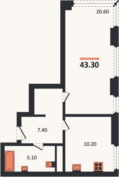 Планировка: 1-к, 43,3 м²