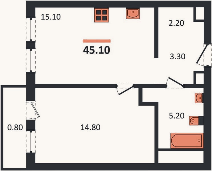 Планировка: 1-к, 45,1 м²