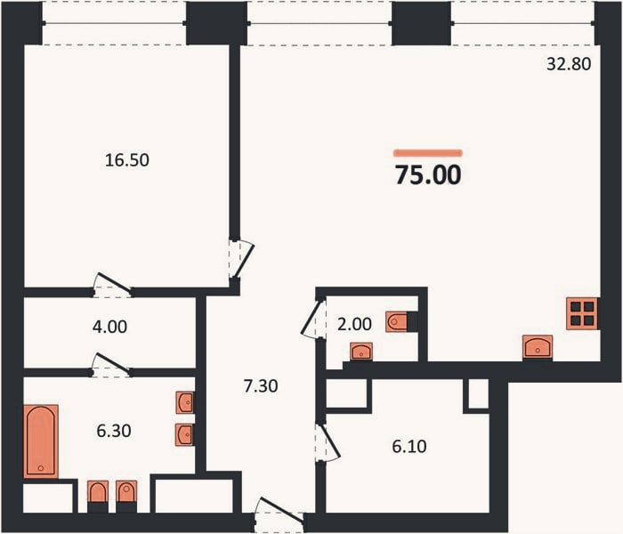 Планировка: 1-к, 75 м²