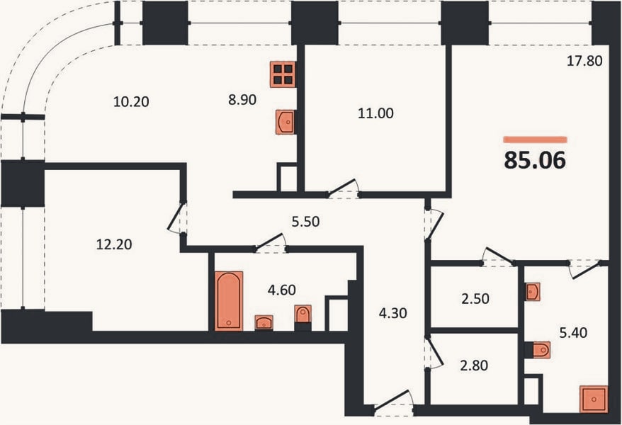 Планировка: 3-к, 85,1 м²